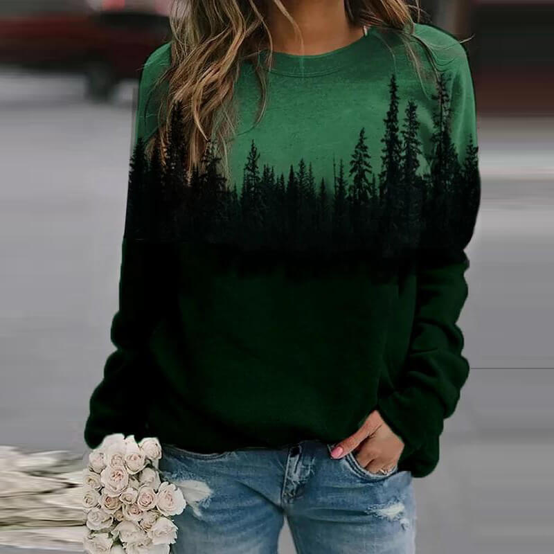 Myk damegenser med unikt fjelltrykk. Komfortabel og langermet pullover, perfekt for motebevisste kvinner.