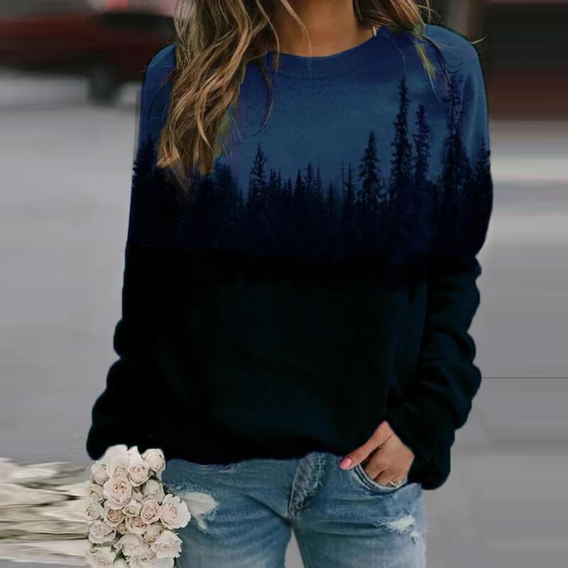 Dame pullover med fjelltrykk. En myk og komfortabel langermet genser for avslappet stil og varme.
