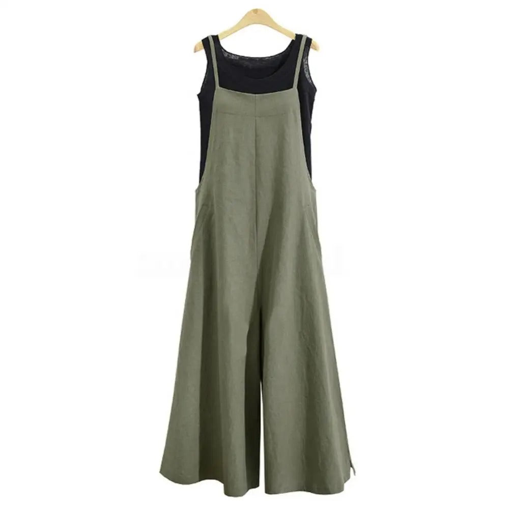 Stilig damejumpsuit, ermeløs, vide ben. Komfortable sommerklær med løs passform for kvinner.