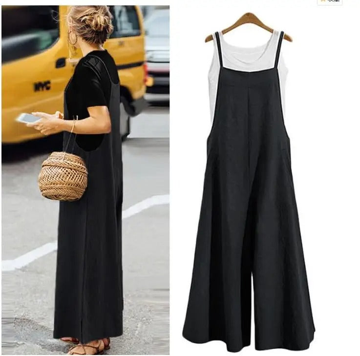 Allsidig damejumpsuit for sommeren. Løs passform, ermeløs og vide ben for ulike anledninger.
