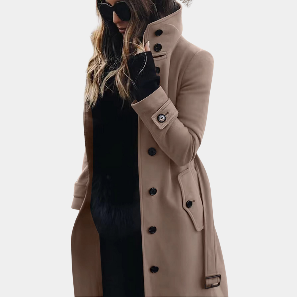 Elegant dame trenchcoat, lang yttertøy for vår og høst, i moderne Khaki