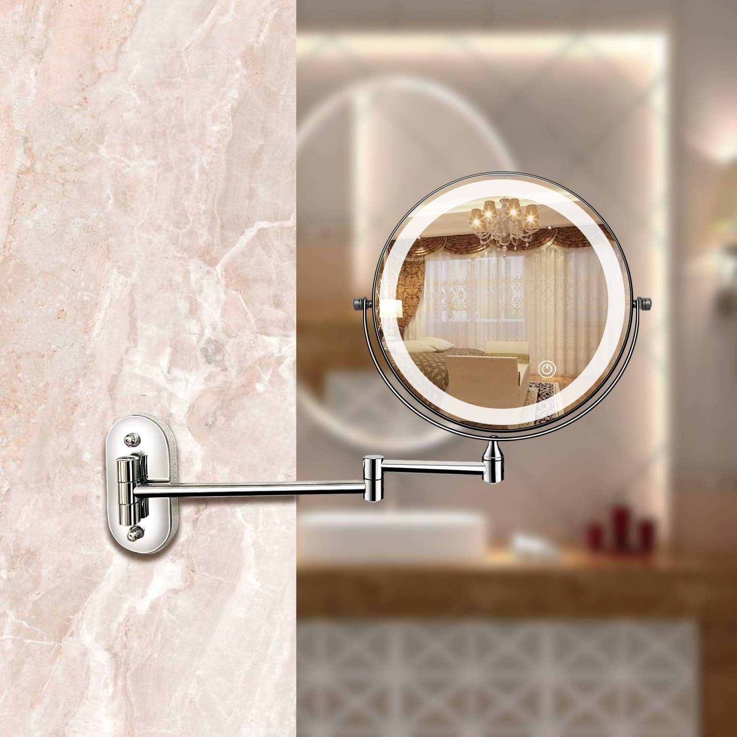 Elegant LED sminkespeil med 5X forstørrelse, matt krom-finish, ideell for detaljert hudpleie