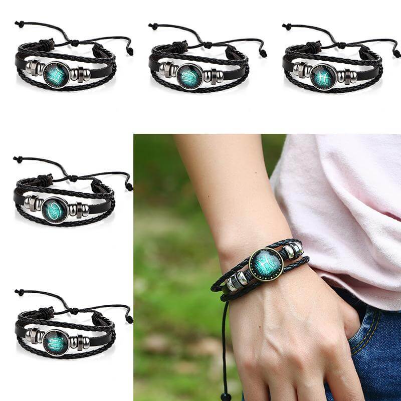 Sort dame armbånd i skinn med skinnende stjernetegn symbol, justerbart, komfortabelt å ha på