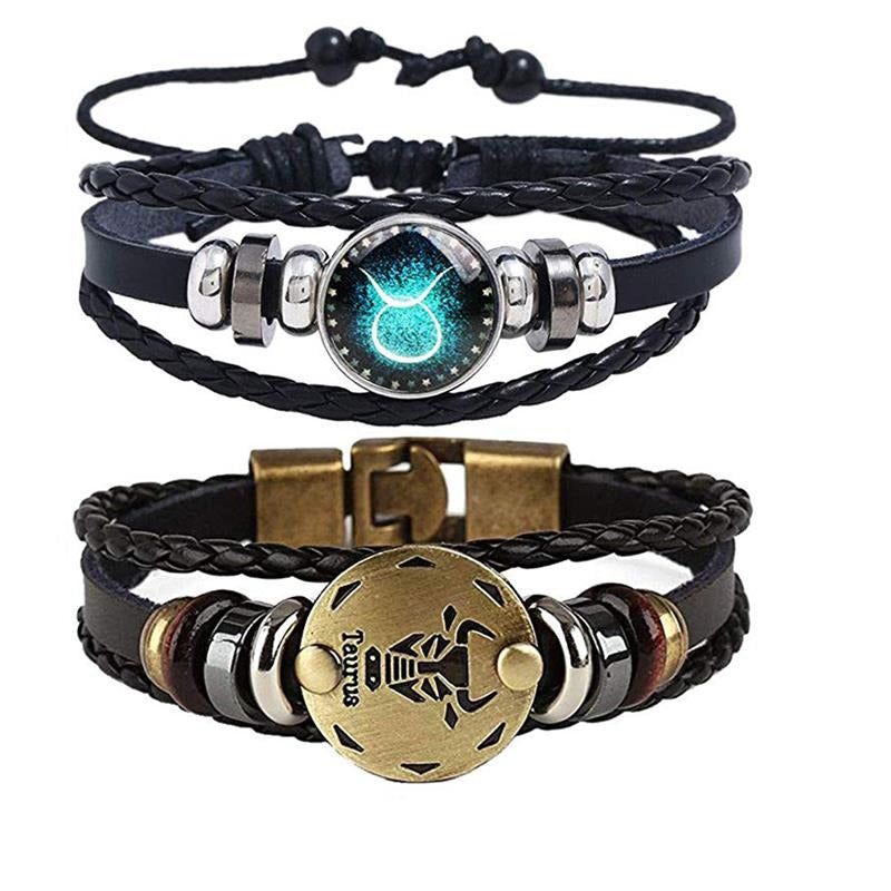 Motearmband i skinn for damer med dyrekretsens symbol, cognac farge, gave til astrologientusiaster