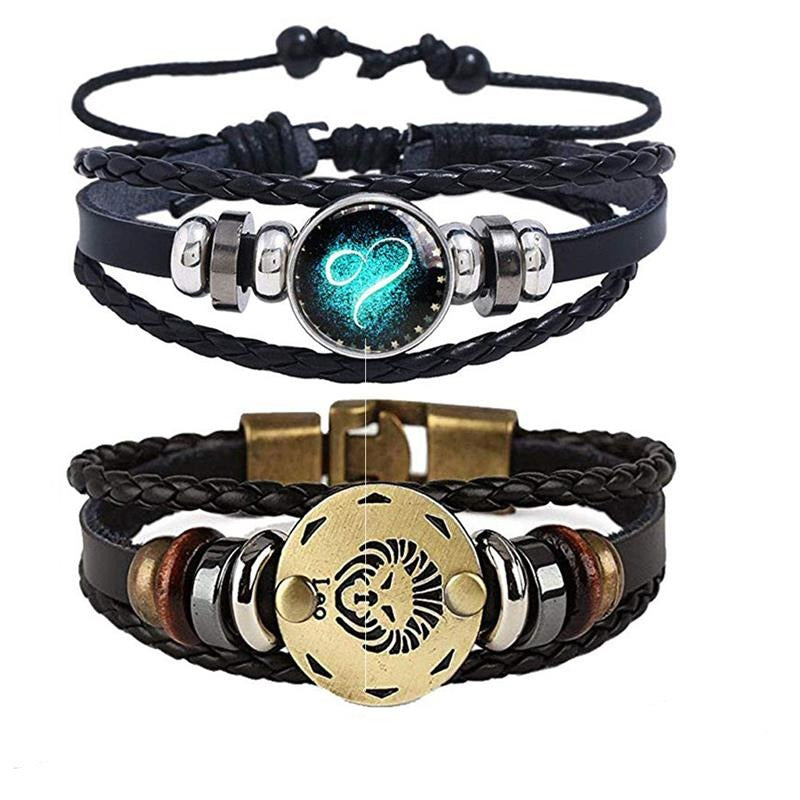 Trendy astrologi armbånd for damer, lysebrunt skinn med delikat stjernetegn anheng i gull