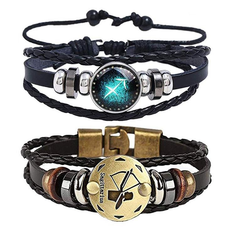 Dame armbånd i flettet skinn med individuelt stjernetegn anheng, beige, boho-stil