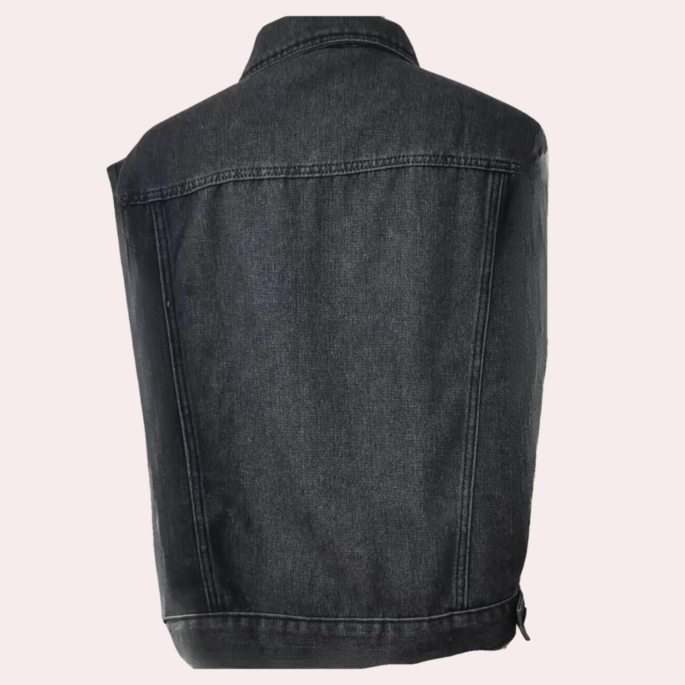 Svart og blå damevest, ermeløs med vasket look. En tidløs og allsidig vintage stil vest for kvinner.