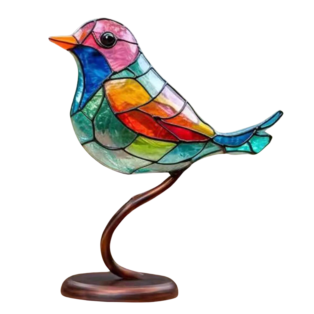 Dekorativ skulptur med fargerike fugler på gren. Håndlaget kunst for moderne hjemmedekor.