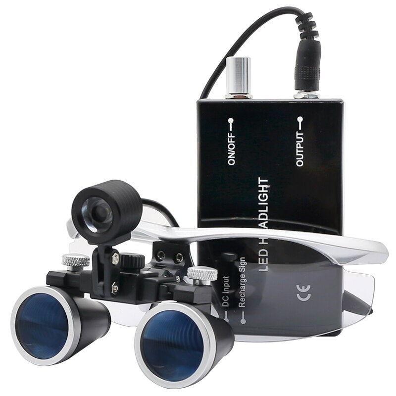 "Dental Lupen-Set mit 2.5x/3.5x Vergrößerung, LED-Stirnlampe, Blau-Schwarz-Silber, ideal für präzise zahnmedizinische Arbeit.