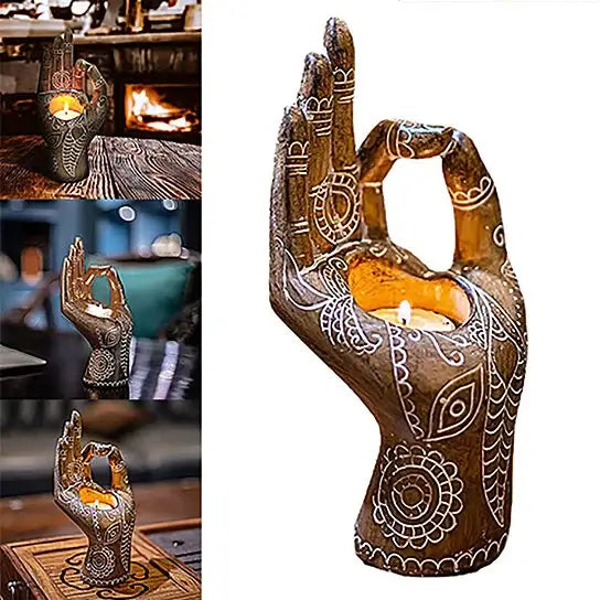 Meditativ Buddha håndlysestake i dekorativ design. Flott telysholder som skaper ro og spirituell stemning.