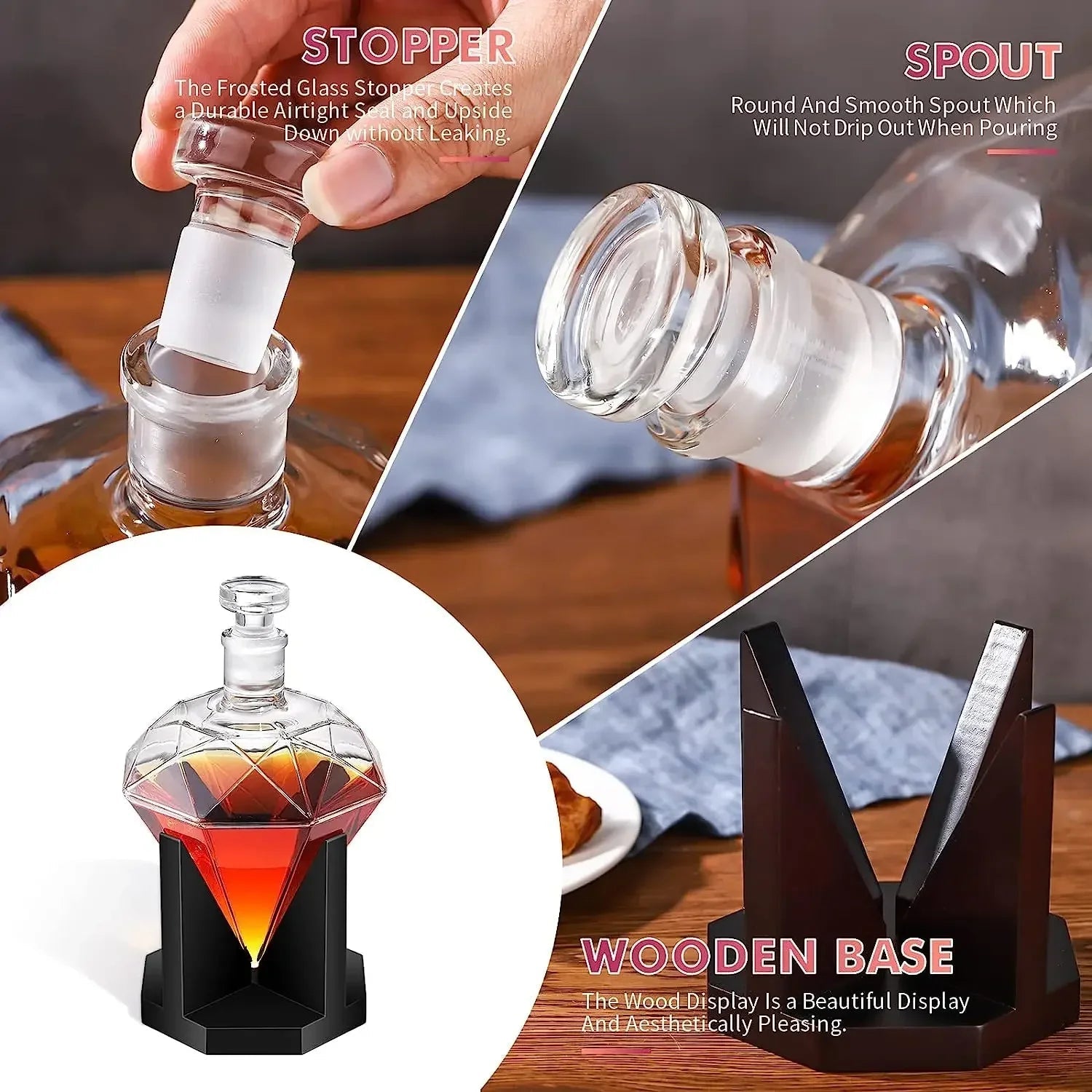 Maskulin gave: Diamantformet krystall whiskykaraffel med solid trebase for den kresne whiskyelsker.