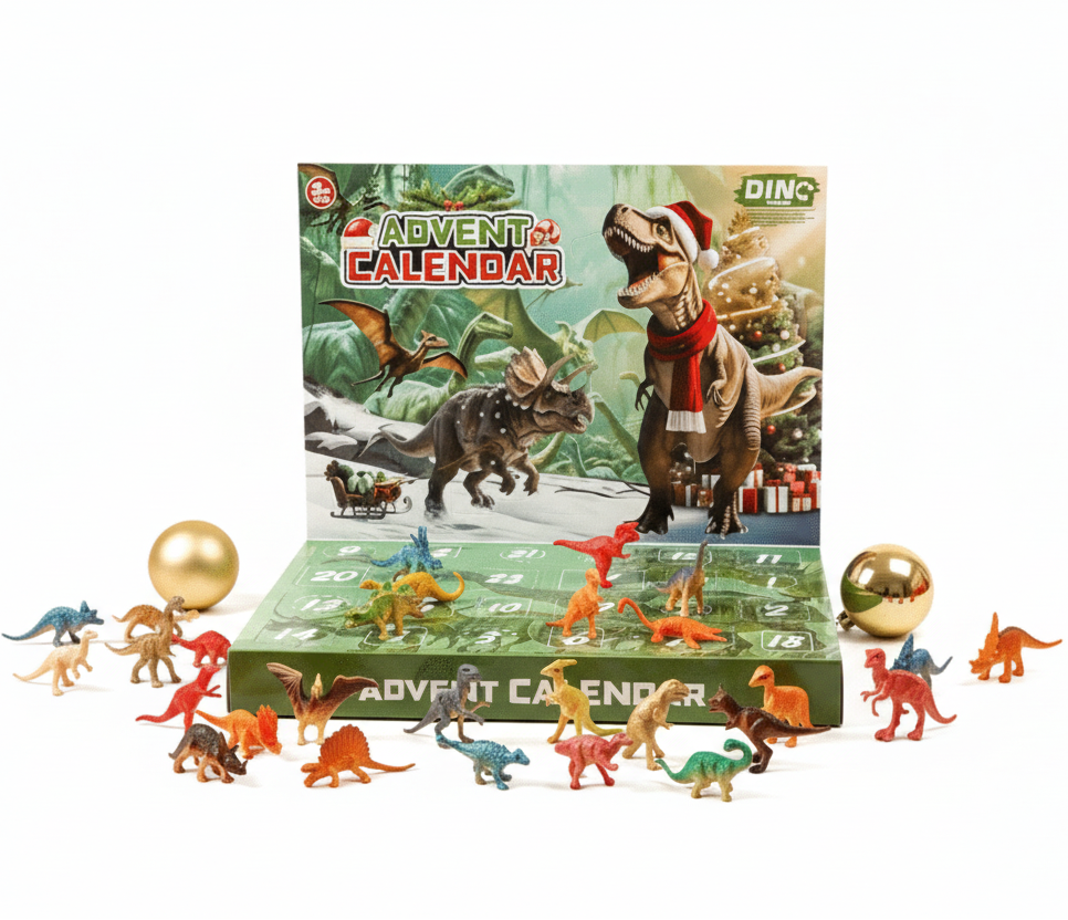 Dinosaur julekalender for barn med 24 luker, viser ulike dinosaurleker og overraskelser for julen.