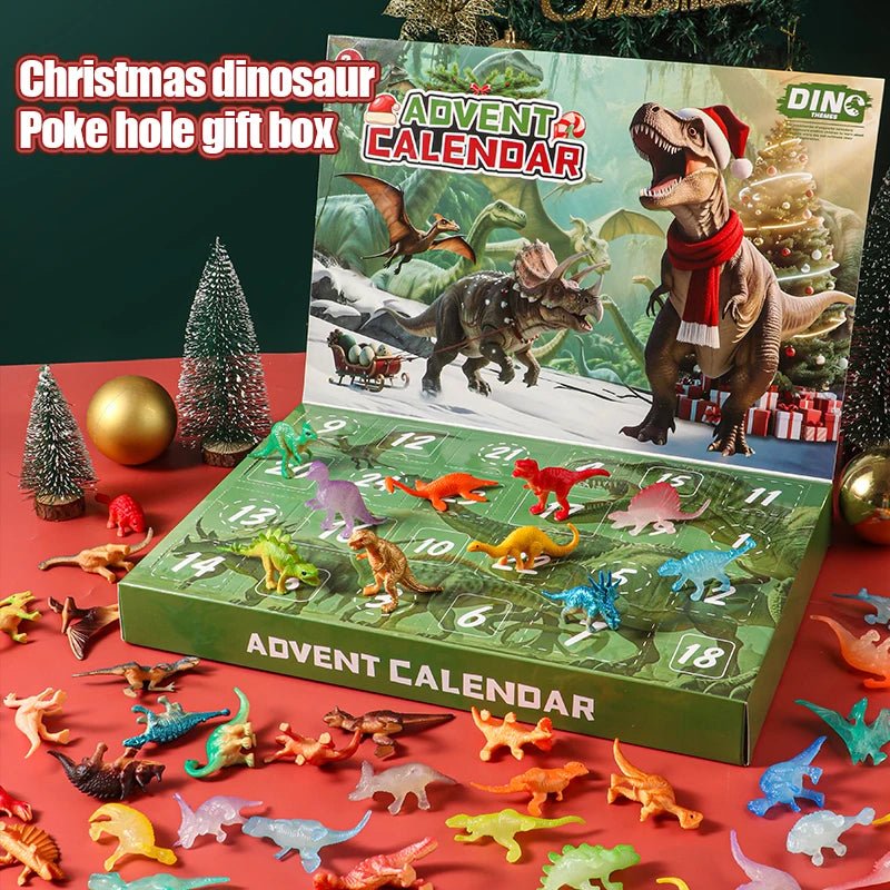 Utvalg av små dinosaur samlefigurer og leker, presentert med en dinosaur adventskalender i bakgrunnen.