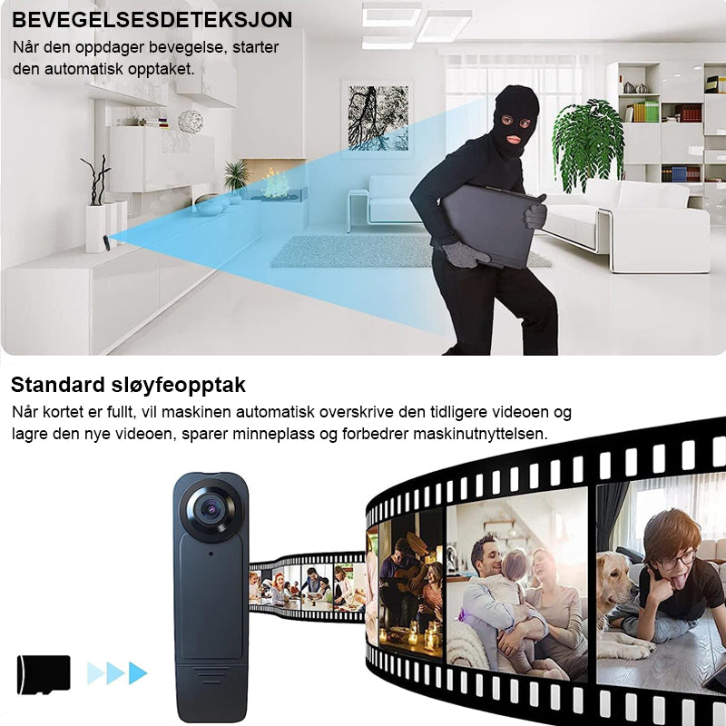 Frontvisning av diskret 1080P HD kroppskamera; liten spionkamera med skjult linse for overvåking.