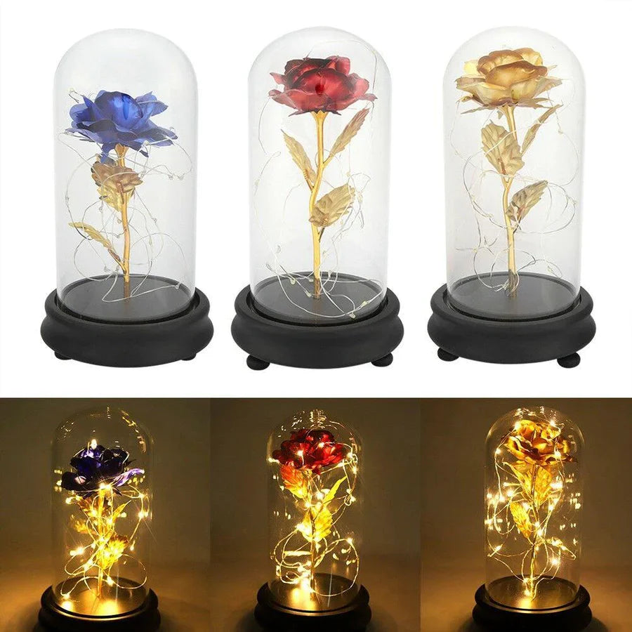 Evig galakse rose i glasskuppel med LED-lys, perfekt for Valentinsdag og jubileum