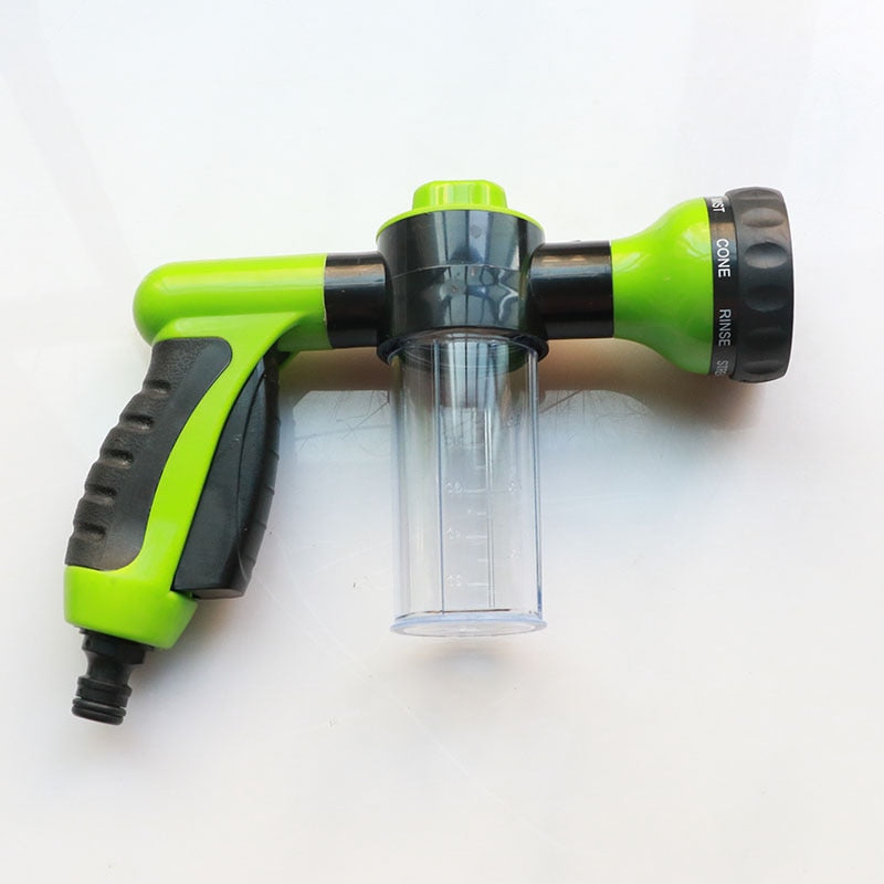Trykkslangedyse med integrert skumpistol for hjem og hage. Perfekt for bilvask og vedlikehold.
