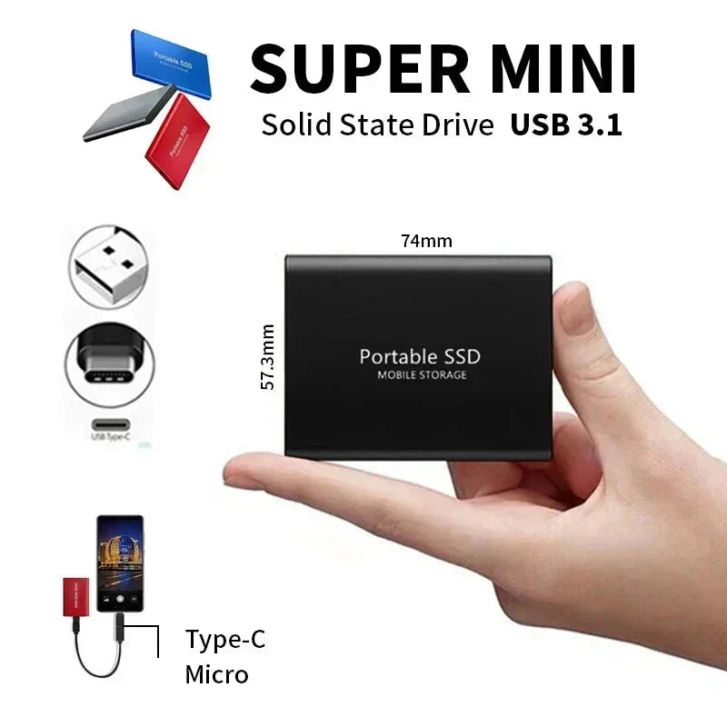 Kompakt 128TB ekstern SSD med USB-C tilkobling. Enkel å ta med for all din digitale lagring.