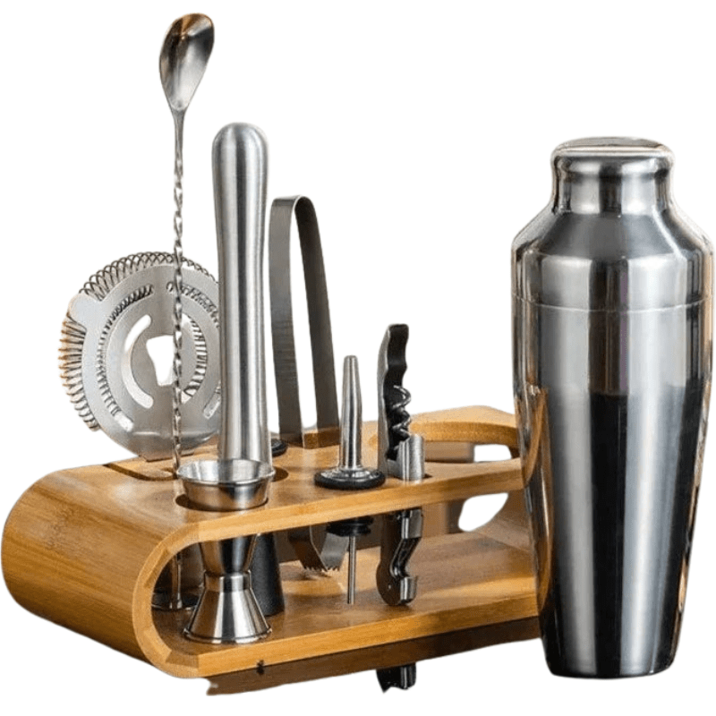 Elegant 10-dels cocktailsett i rustfritt stål, perfekt for hjemmebaren. Inkluderer shaker og barutstyr for mixologi.