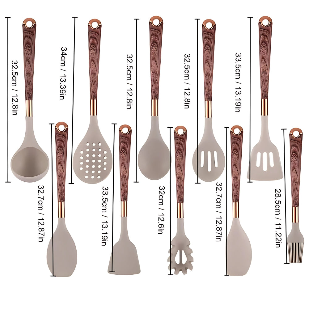 Nærbilde av ergonomisk silikon stekespade fra 10-dels sett, skånsom mot kokekar, lett å rengjøre.