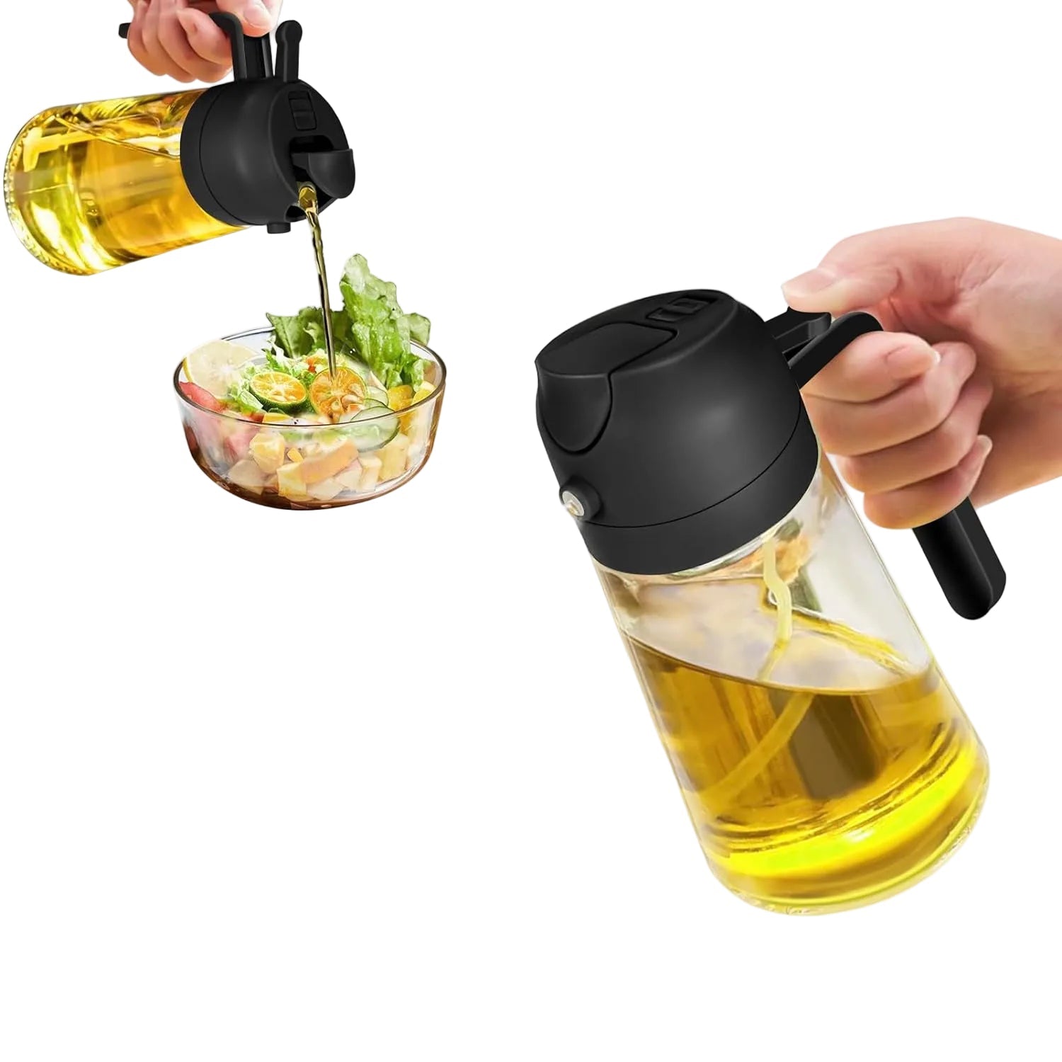 Elegant 2-i-1 oljesprayflaske i glass for sunn matlaging og grilling med olivenolje.