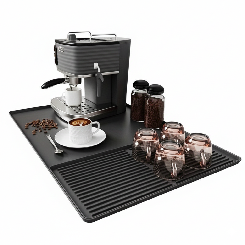 Elegant 2-i-1 silikon kaffematte med hevede kanter. Perfekt for kaffestasjon, beskytter mot søl. Anti-skli.