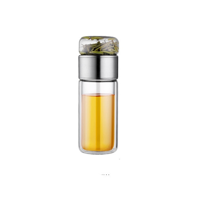 Premium reiseflaske for te, dobbelvegget borosilikatglass teinfuserflaske, stilren og funksjonell.