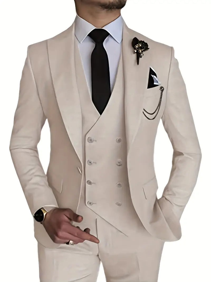 Elegant 3-dels dressett for menn med blazer, vest og bukser i moderne snitt for formelle anledninger.