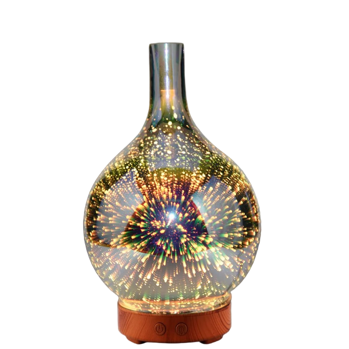 Elegant 3D glassvase aroma diffusor med LED lys, perfekt for stue og hjemmeinnredning.