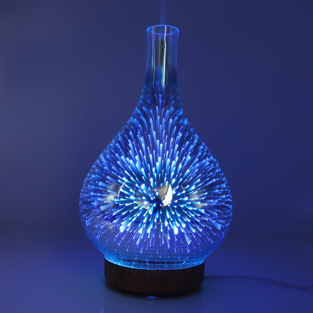 Stemningsfull 3D glassvase aroma diffusor med skiftende LED lys, ideell for meditasjon.