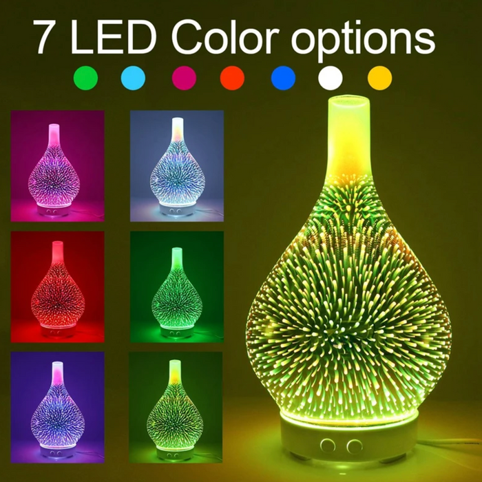 Aroma diffusor med LED lys i 3D glassvase, gir rolig atmosfære til soverommet.