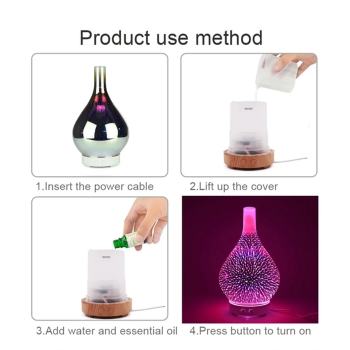 Beroligende 3D glassvase diffusor for essensiell olje med LED lys, fremmer velvære og avslapning.