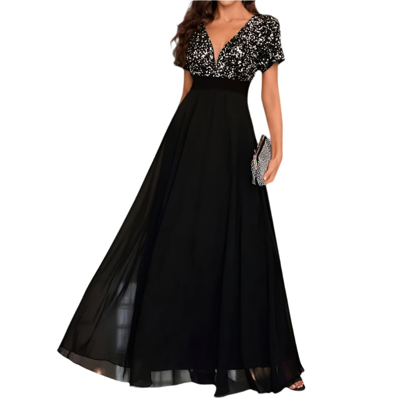 Elegant A-linje paljettkjole for kvinner med V-hals. Perfekt festkjole eller selskapskjole i polyester.