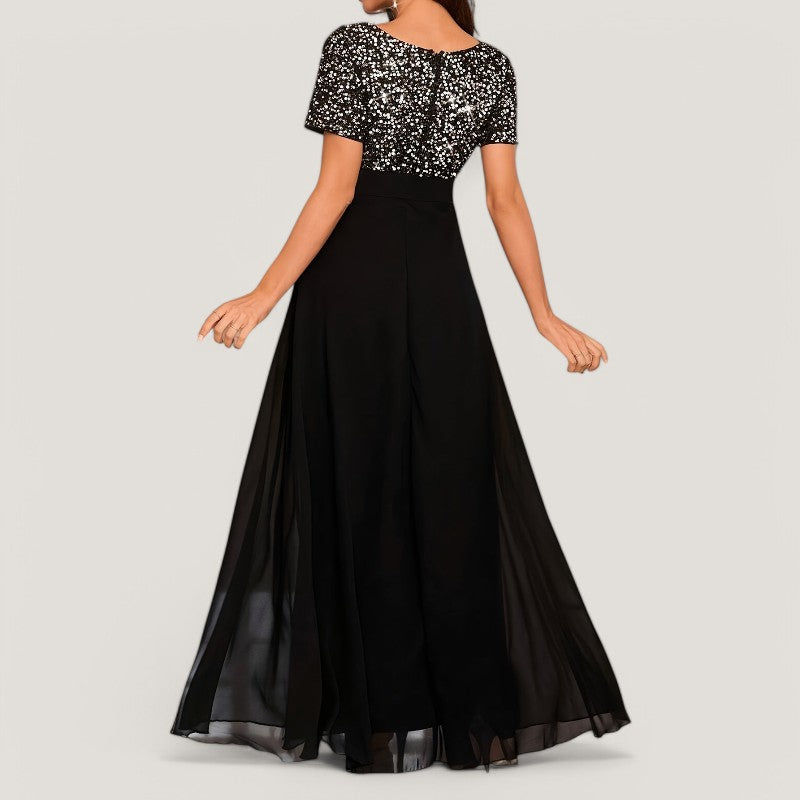 Kvinne A-linje festkjole i polyester med skinnende paljetter og en stilfull V-hals. Elegant selskapskjole.