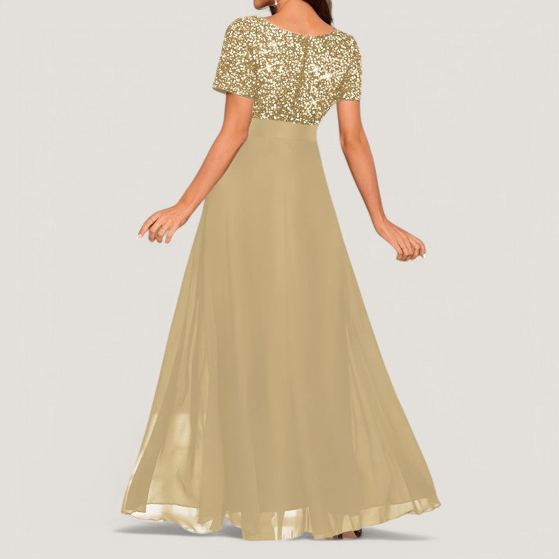 Glitterfylt A-linje kjole for kvinner. Paljettkjole med V-hals, egnet som damekjole for fest og eleganse.