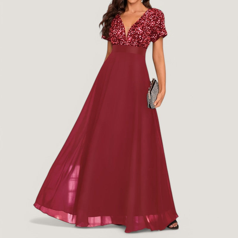 Formell A-linje paljettkjole med V-hals, designet for kvinner. En elegant selskapskjole i polyester stoff.