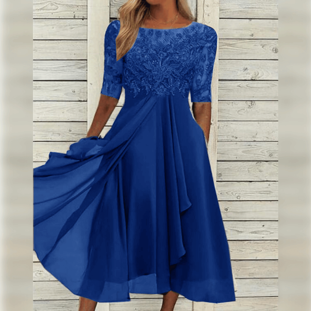 Elegant kvinners maxi kjole, asymmetrisk snitt og A-linje passform, ideell for sommer eller fest.