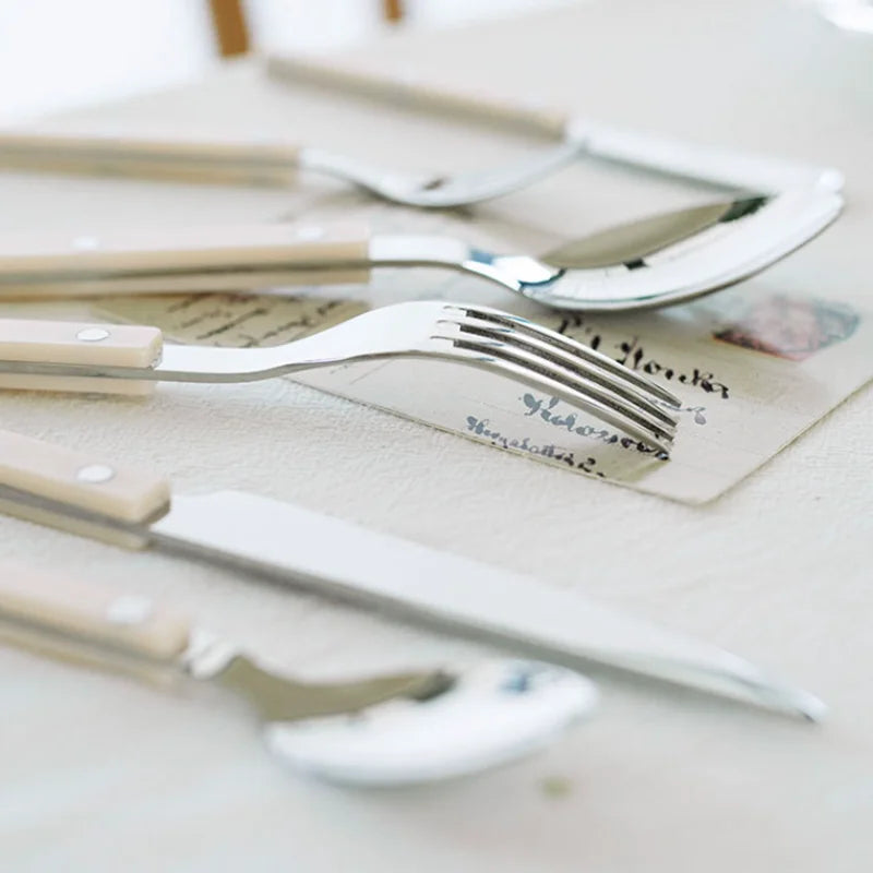 Nærbilde av elegant bestikksett: kniv, gaffel, spiseskje. 24 deler for 6 personer. Detaljer i stilrent design.