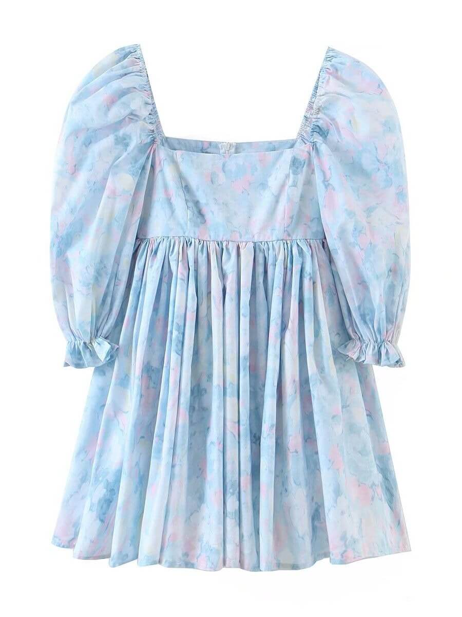 Elegant blå puff minikjole for kvinner med trekvart ermer. Perfekt for fest og hverdag.