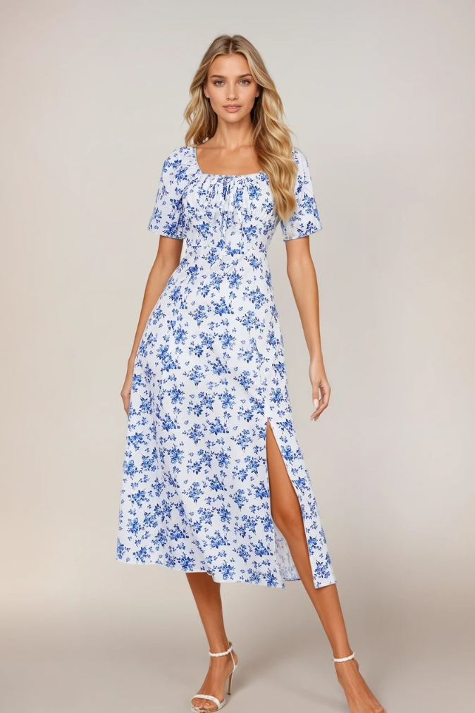 Kvinne i nydelig blomstret sommerkjole med justerbar midje, viser lett stoff og elegant fall.