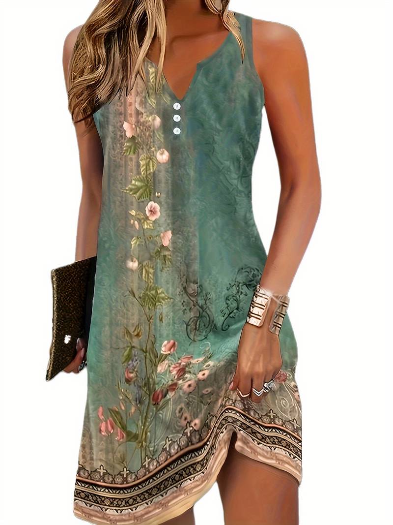 Stilig damekjole med blomster og V-hals, ideell for sommeren. Elegant og komfortabel sommerkjole.