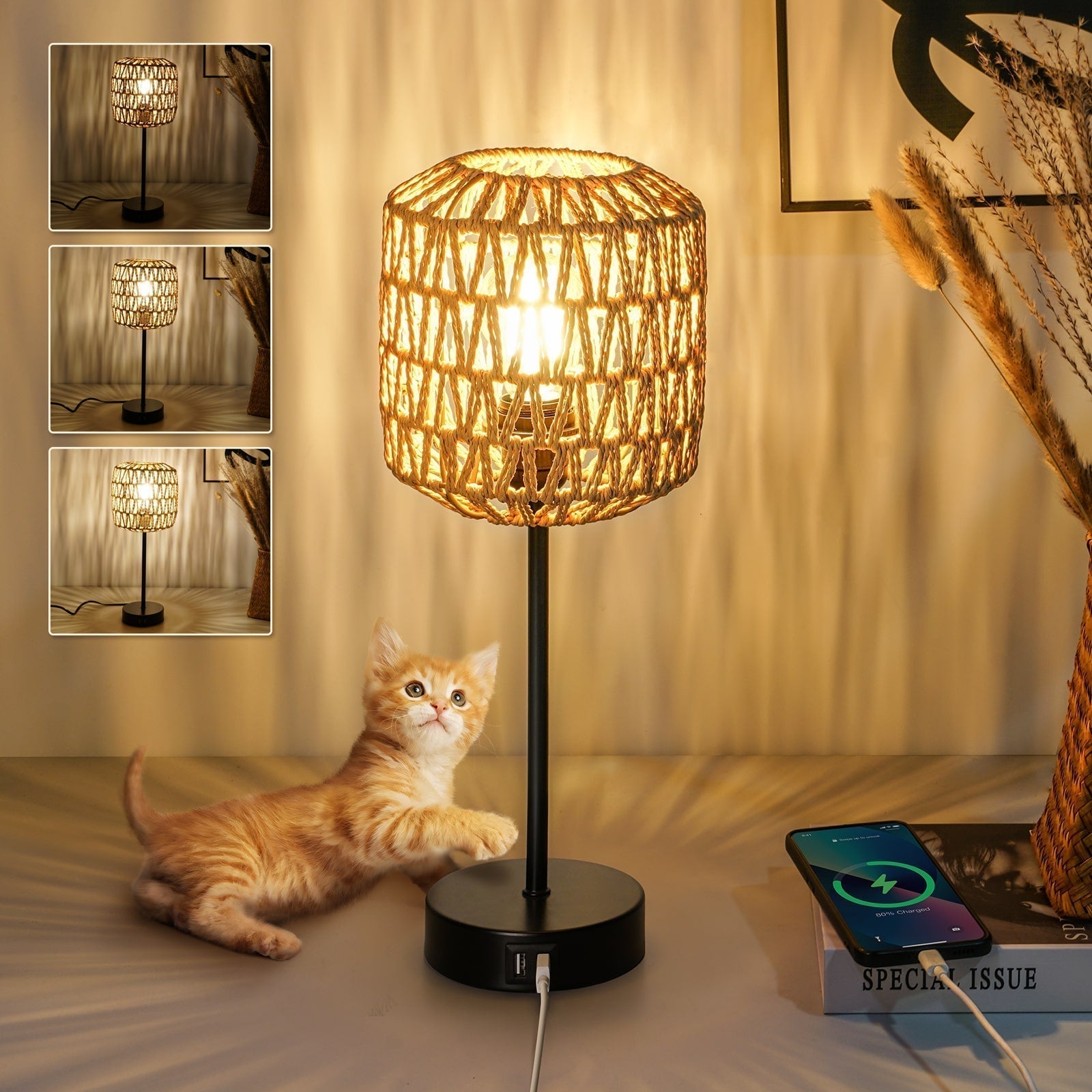 Flettet bordlampe med berøringskontroll. Optimal som nattlampe for soverommet, med praktisk USB-lading.