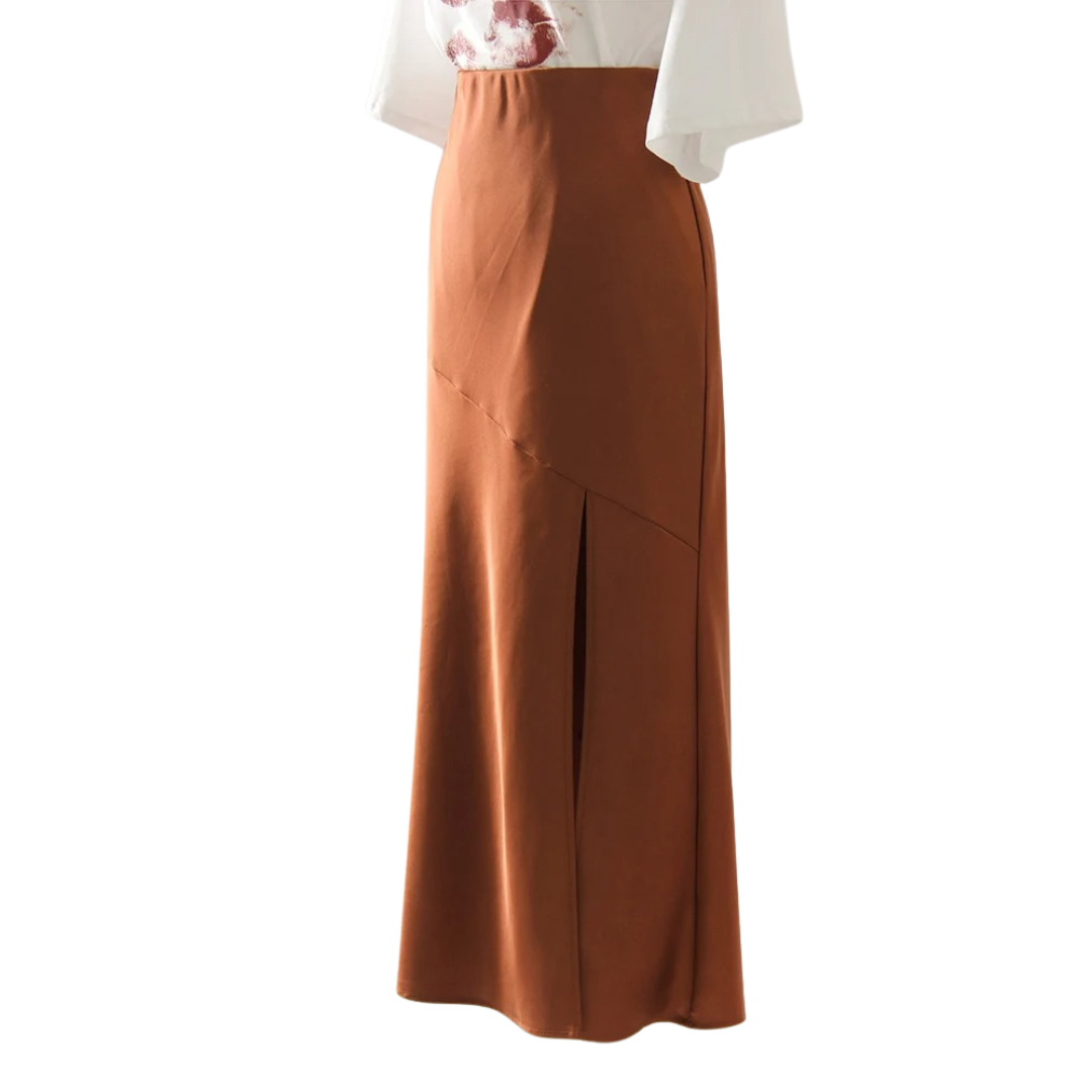 Brun bodycon maxiskjørt for damer. Elegant og komfortabelt for både hverdag og fest, vår/sommer.