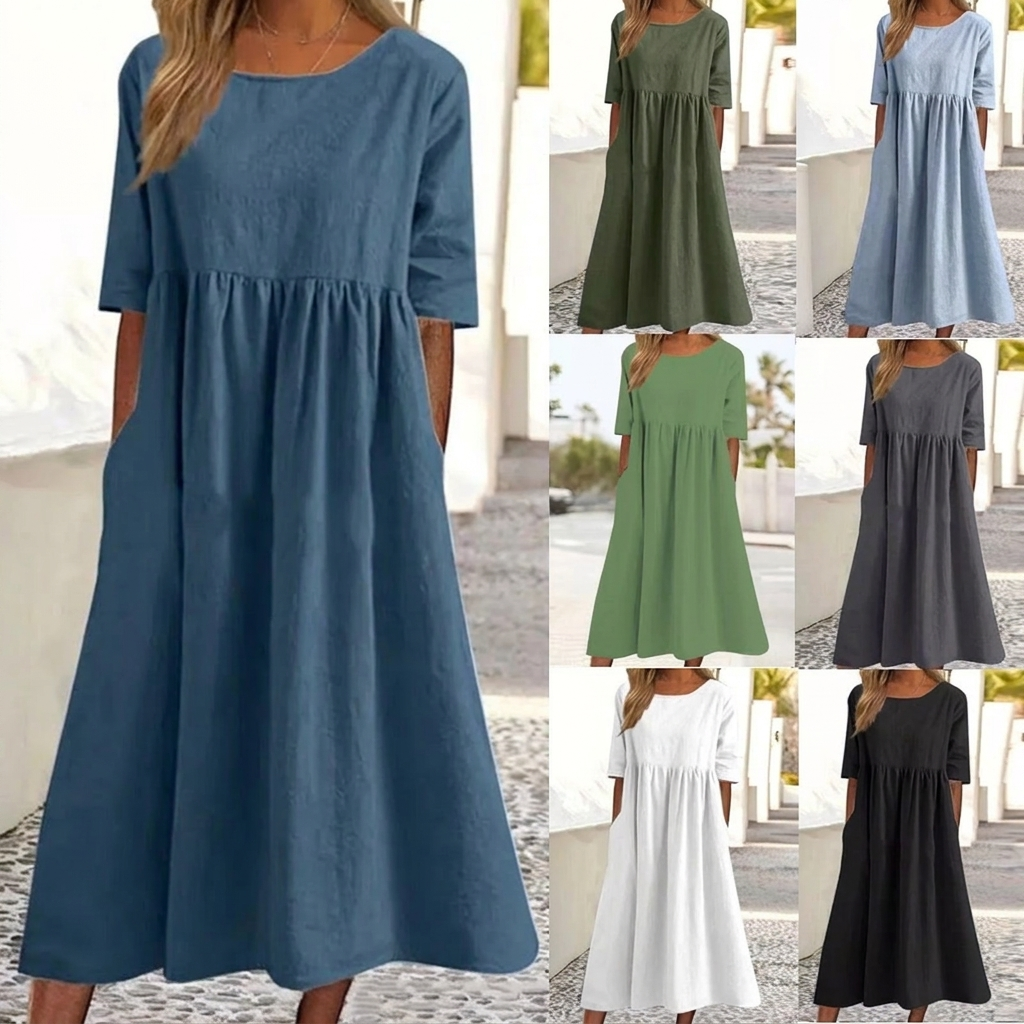 Elegant casual sommerkjole for kvinner med praktiske lommer, perfekt for varme dager.