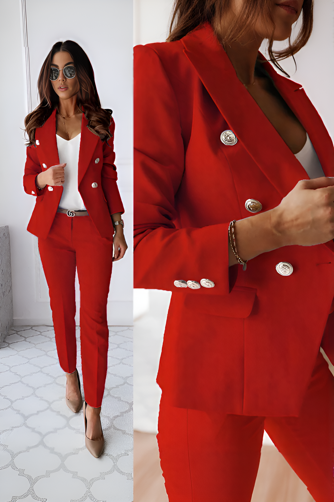 Elegant kvinnedress i moderne tweedstil. Blazer og bukser for en polert, profesjonell look.