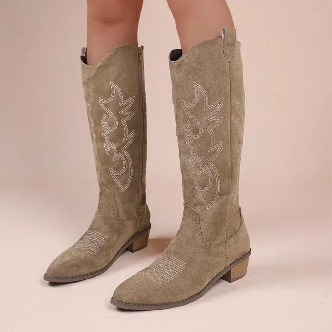 Nærbilde av spiss tå og broderidetaljer på en elegant dame cowboystøvel. Mote og komfort.
