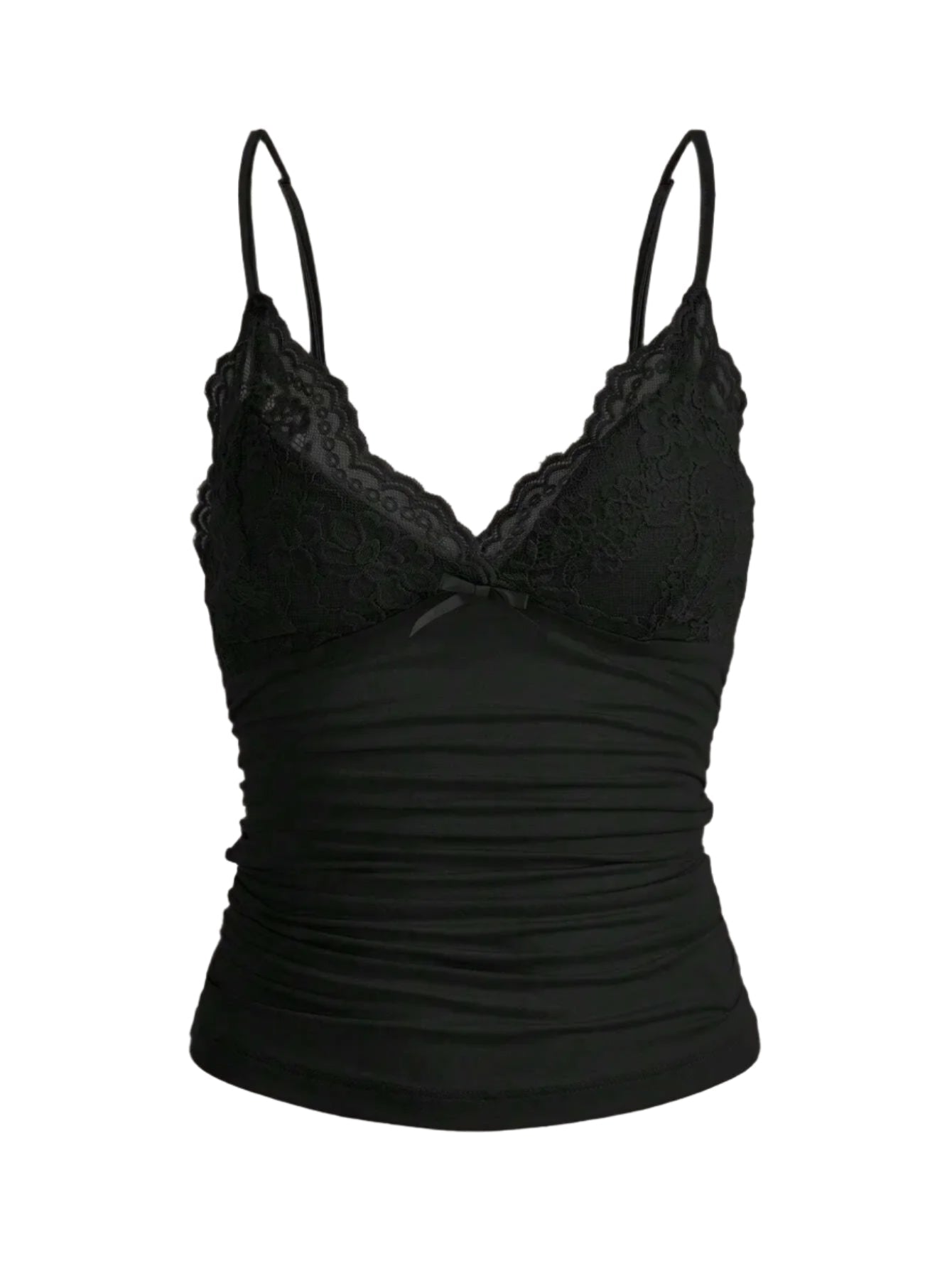 Elegant dame crop cami topp med blondekanter og sløyfe foran. Perfekt sommer topp, justerbar.
