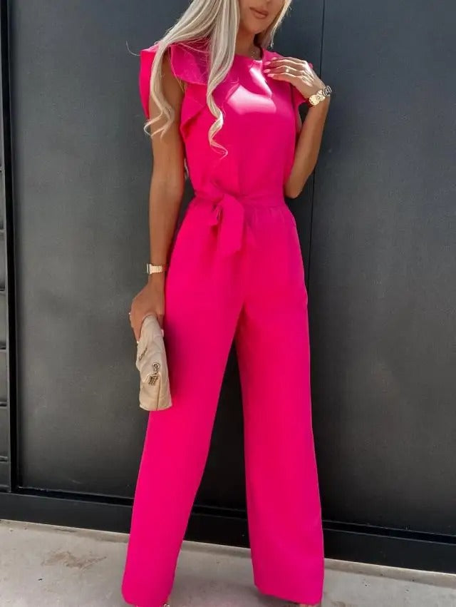 Dame jumpsuit med elegante volangermer og vide ben, perfekt for en sofistikert look.