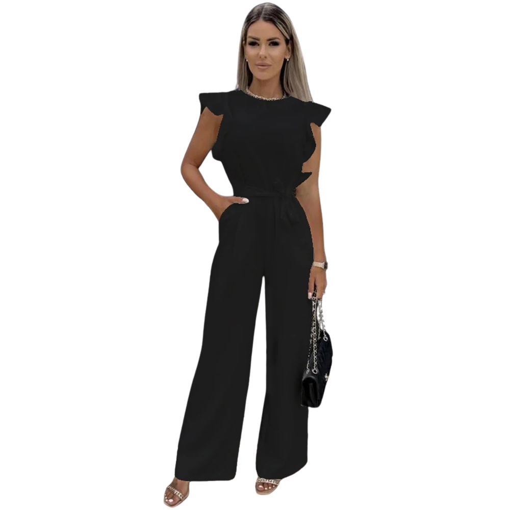 Behagelig dame jumpsuit i lett stoff med flatterende midjebånd og trendy vide ben.
