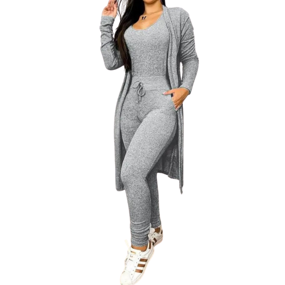 Bakside av dame jumpsuit og kåpesett, viser flytende stoff og elegant fall. Mote for kvinner.