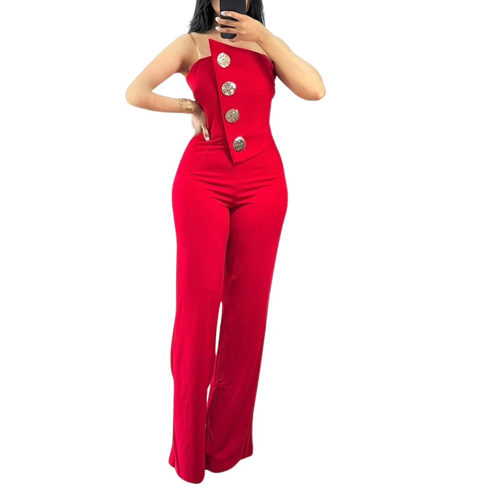 Elegant dame jumpsuit uten stropper. Asymmetrisk bandeau design, perfekt for fest og sommer.